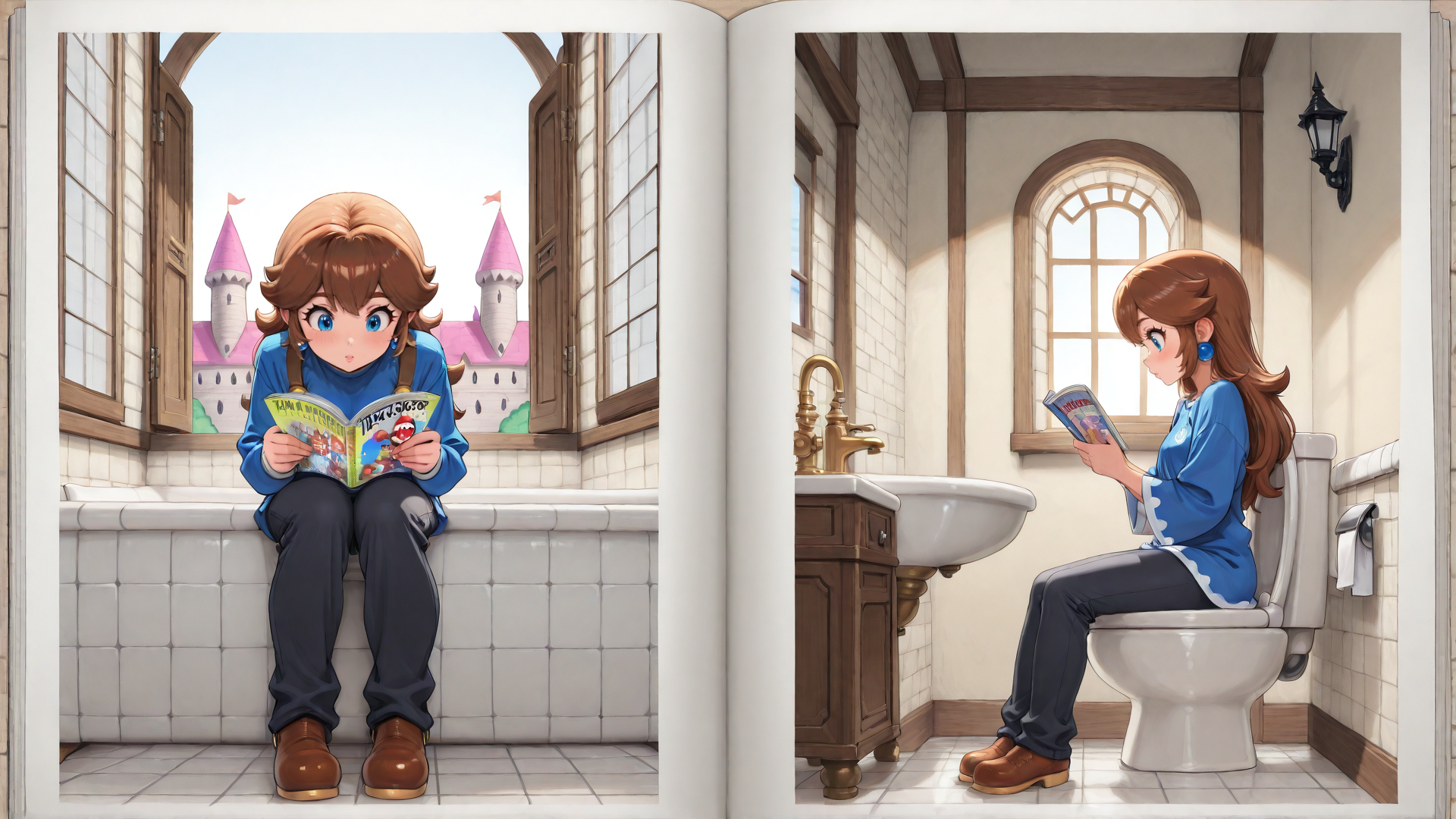 AI generated wallpaper featuring girl, book, castle, toilet, sink, window, bathroom, clothes, shoes, hair