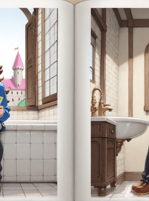 girl, book, castle, toilet, sink, window, bathroom, clothes, shoes, hair