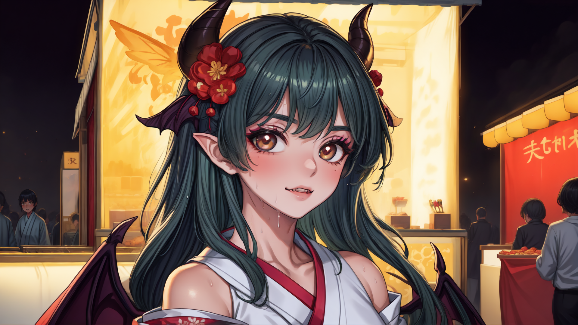 AI generated wallpaper featuring demon, girl, anime, fairy, butterfly, soul, tradition, food, night, market