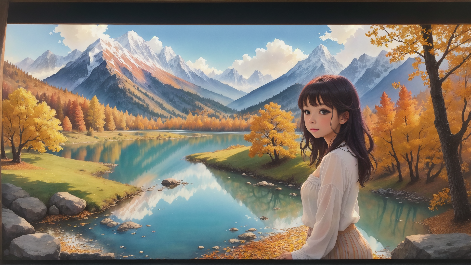 AI generated wallpaper featuring girl, mountain, lake
