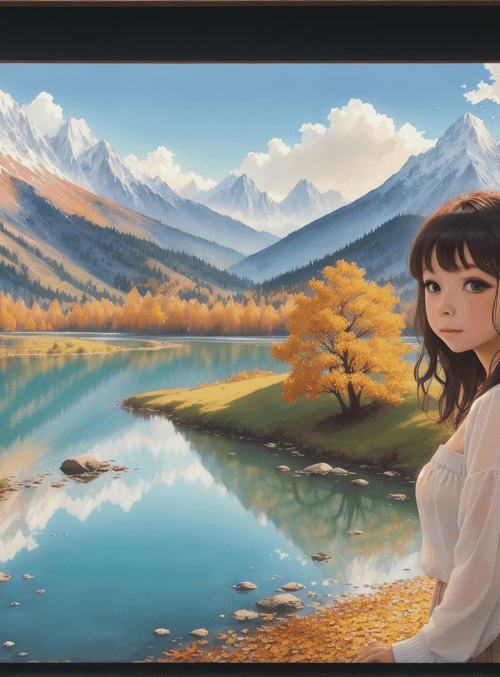 girl, mountain, lake
