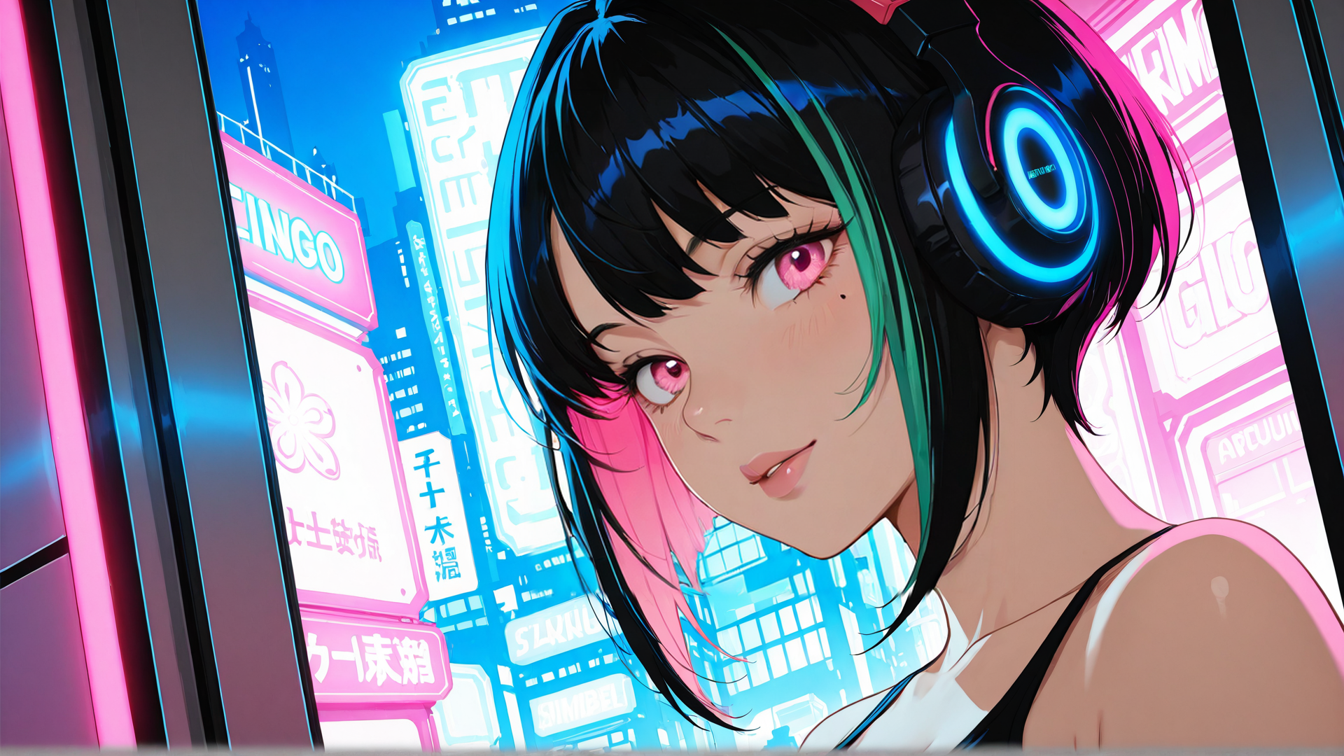 AI generated wallpaper featuring girl, headphones, neon signs, cityscape, anime