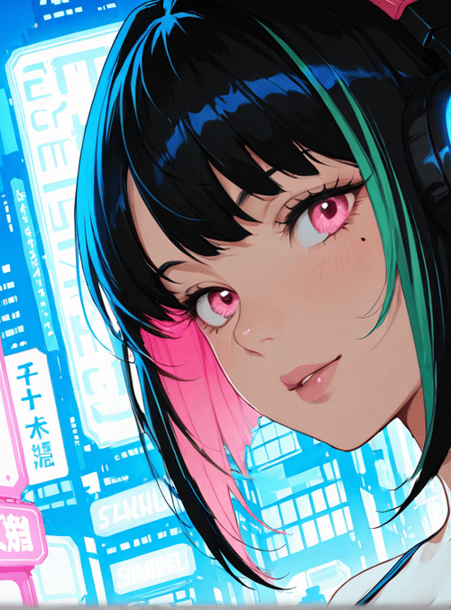 girl, headphones, neon signs, cityscape, anime