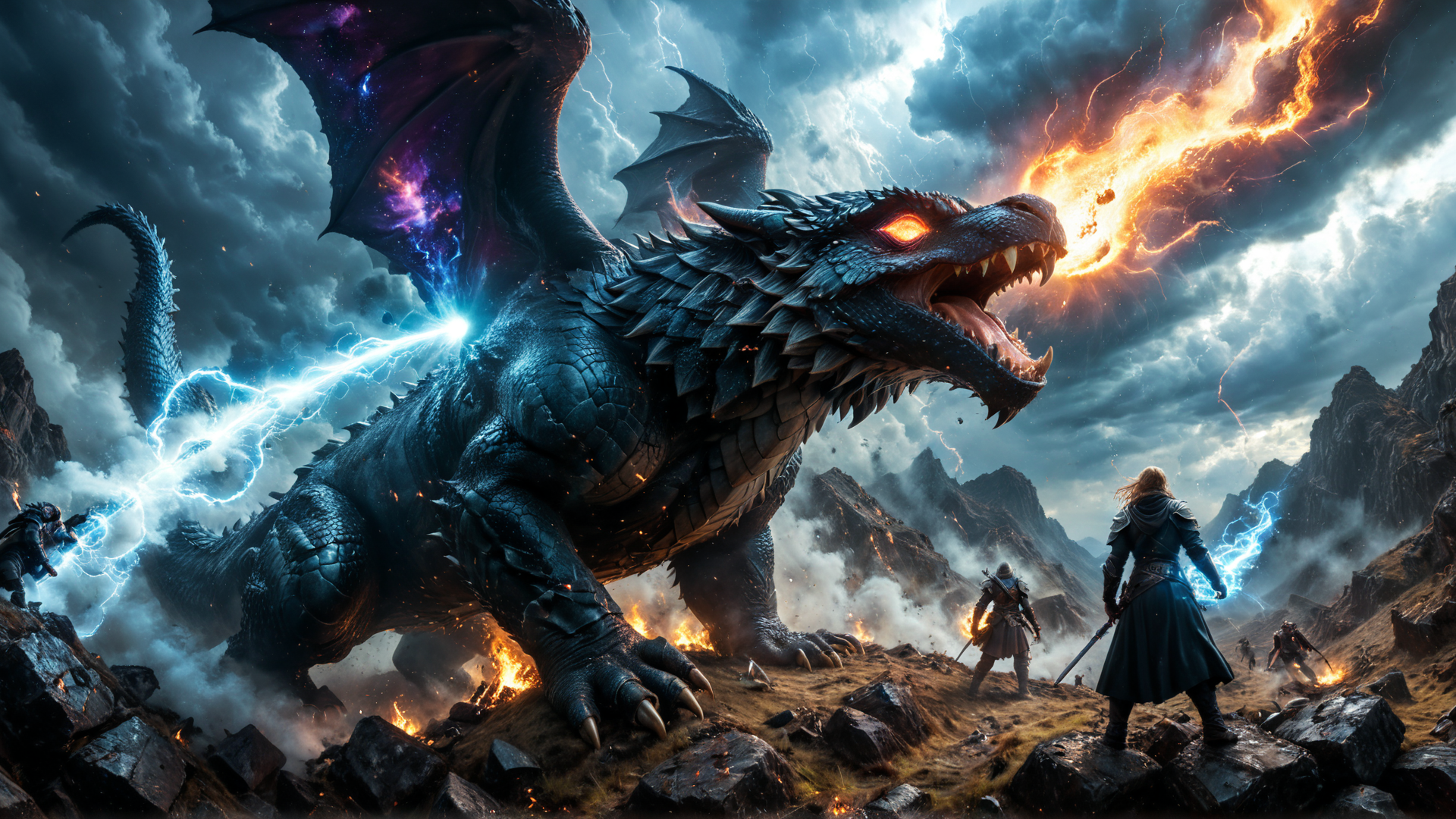 AI generated wallpaper featuring dragon, warriors, mountains