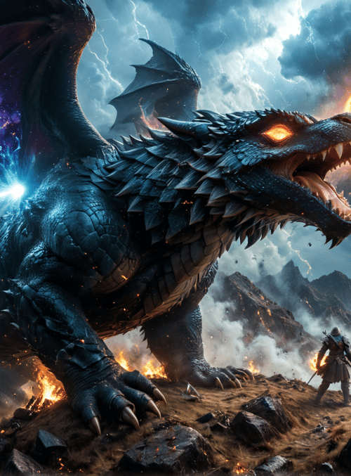 dragon, warriors, mountains
