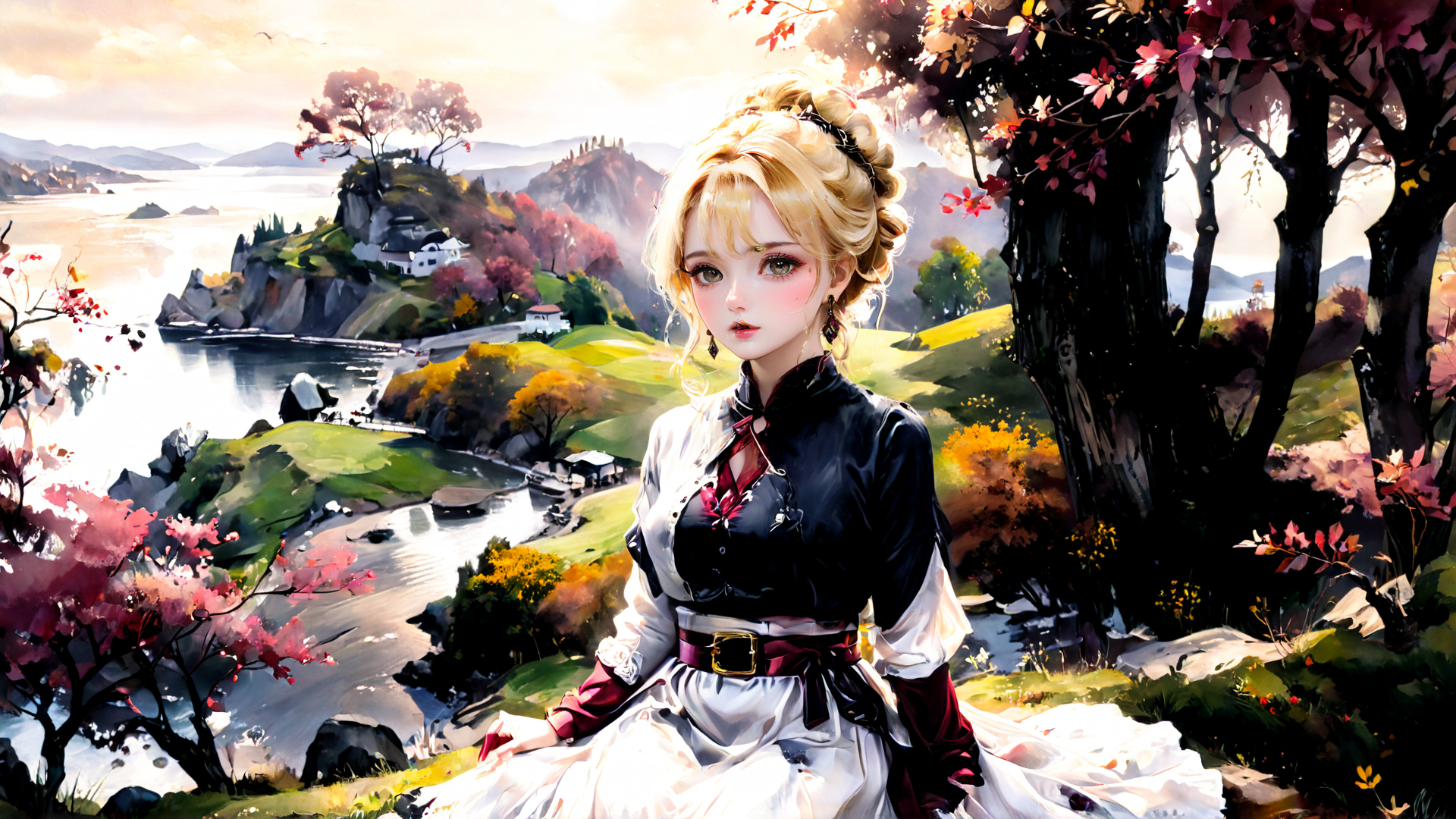 AI generated wallpaper featuring woman, landscape, trees