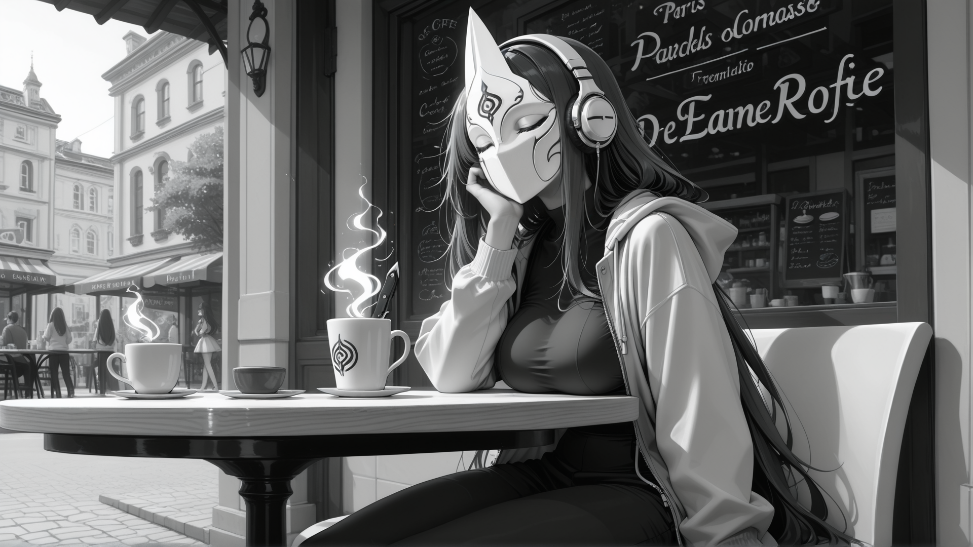 AI generated wallpaper featuring anime girl, mask, headphones, coffee cup, cafe, street, building