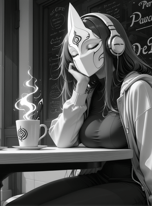 anime girl, mask, headphones, coffee cup, cafe, street, building
