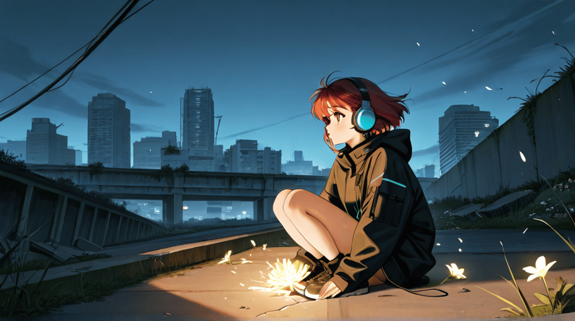 AI generated wallpaper featuring girl, headphones, city