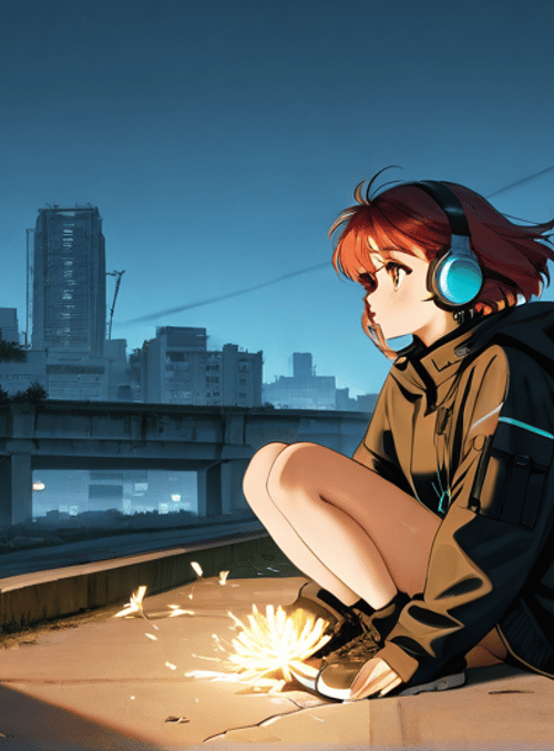 girl, headphones, city
