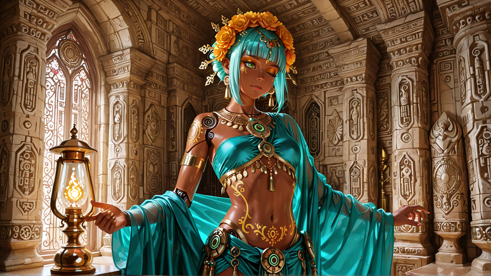 AI generated wallpaper featuring woman, ancient temple, lamp, ornaments, flowers, silk, columns, jewelry, dress, golden