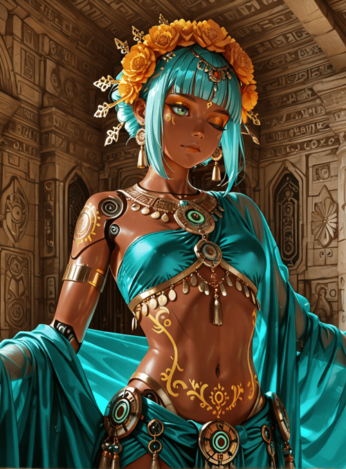 woman, ancient temple, lamp, ornaments, flowers, silk, columns, jewelry, dress, golden