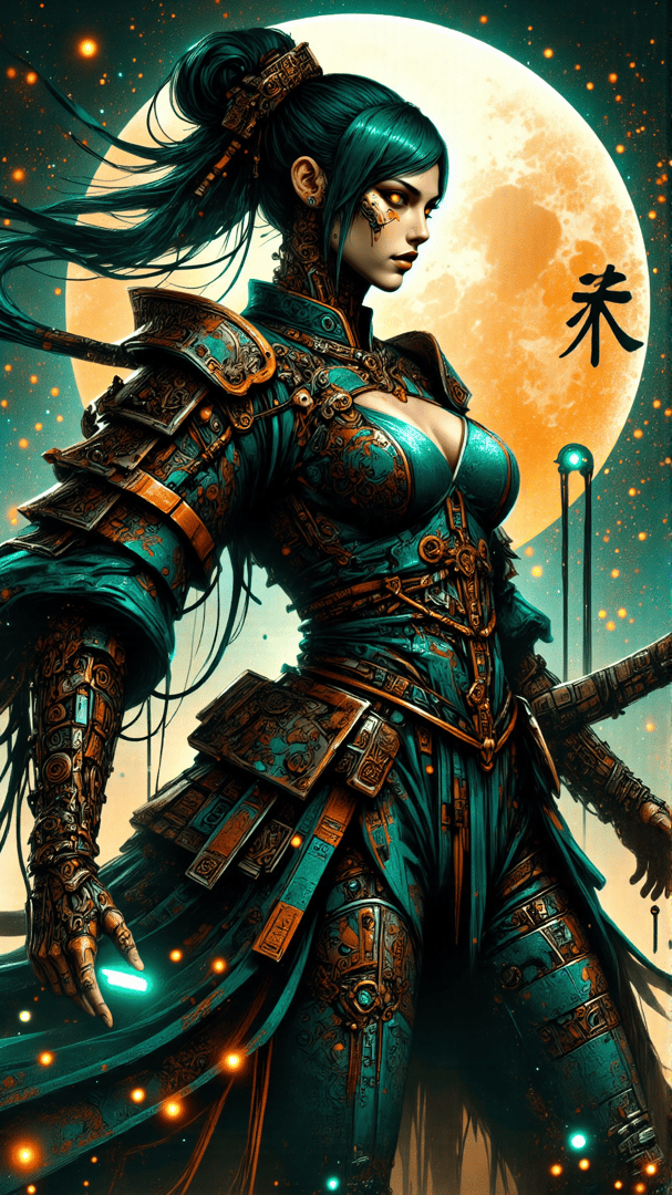 AI generated wallpaper featuring woman, warrior, armor, sword, moon, glowing, ornaments, hair, futuristic, ancient