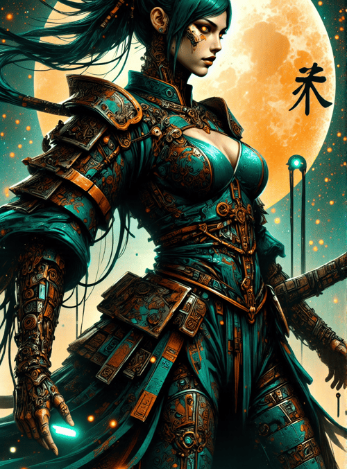 woman, warrior, armor, sword, moon, glowing, ornaments, hair, futuristic, ancient