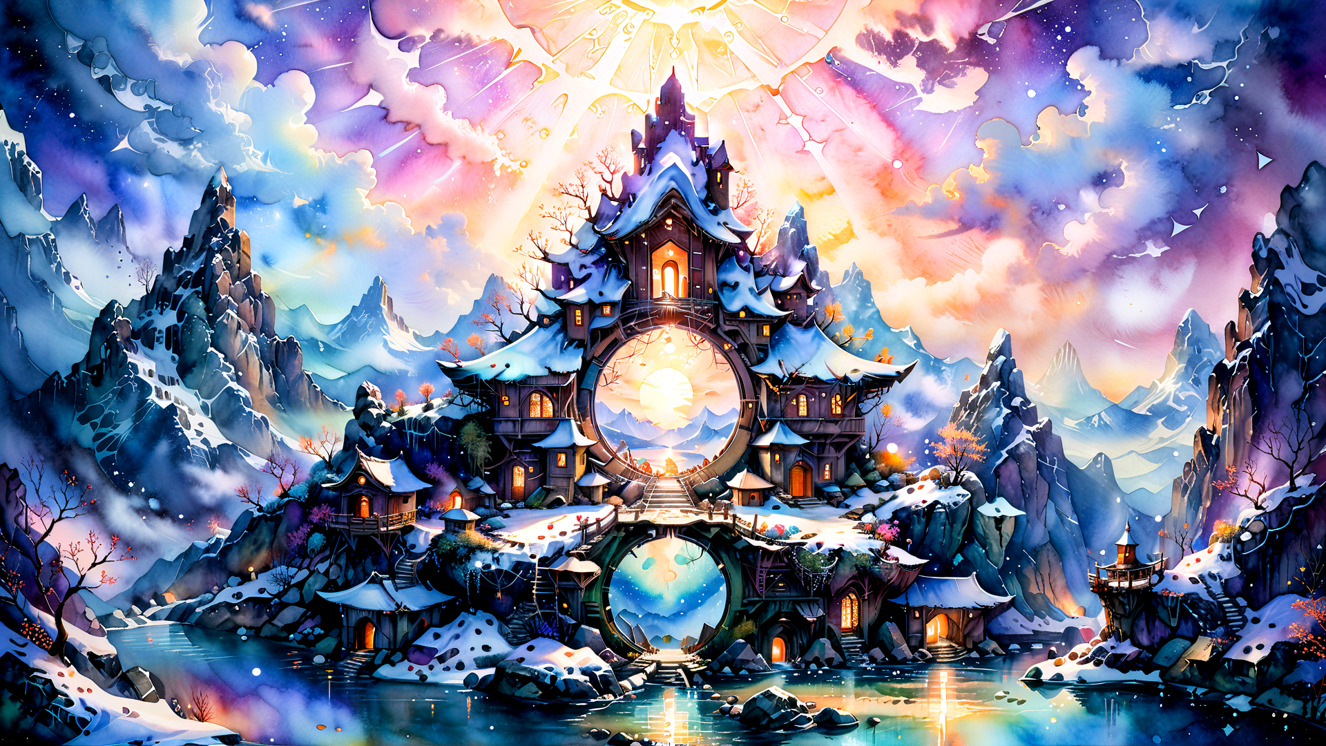 AI generated wallpaper featuring castle, mountains, snow, river, house, tree, bridge, cloud, sun, lighthouse