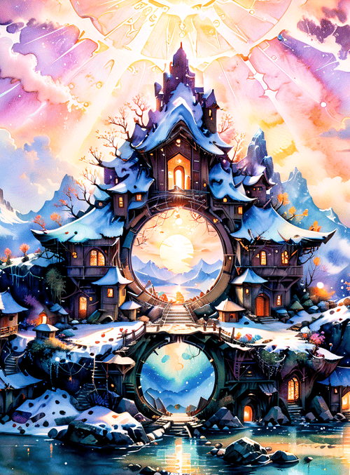 castle, mountains, snow, river, house, tree, bridge, cloud, sun, lighthouse
