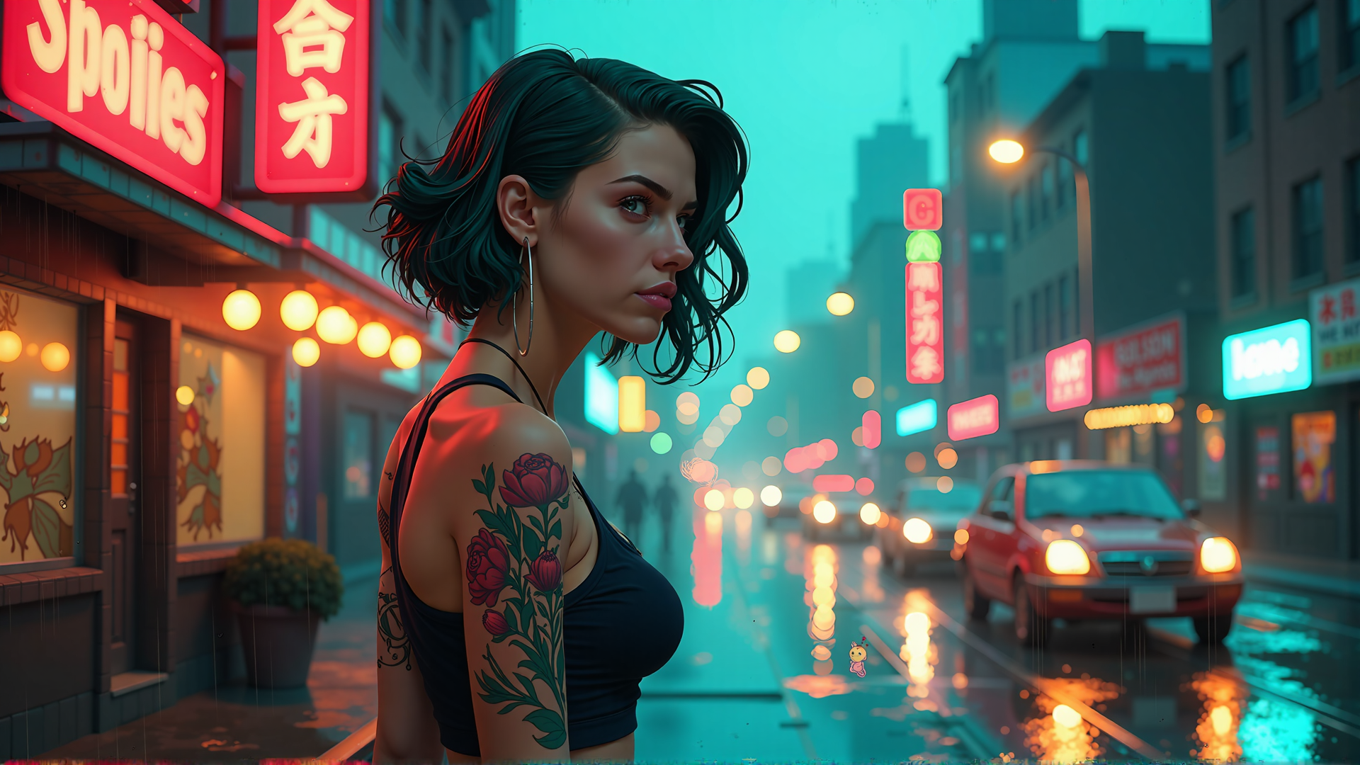 AI generated wallpaper featuring woman, tattoo, street, neon, signs, cars, city, rain, building, lights