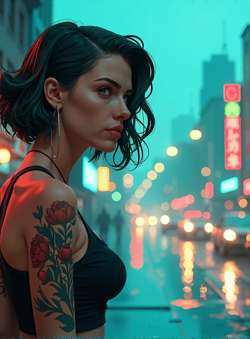 woman, tattoo, street, neon, signs, cars, city, rain, building, lights