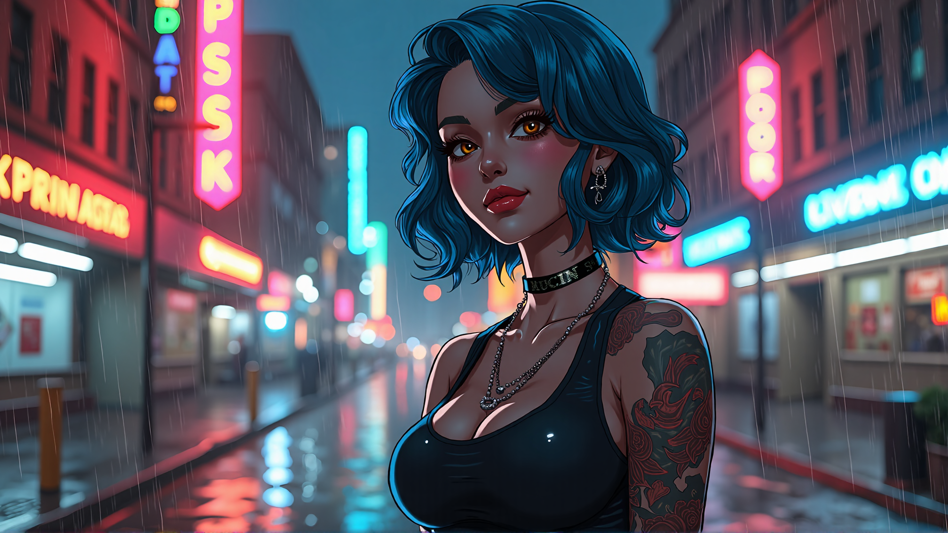 AI generated wallpaper featuring woman, street, neon, rain, tattoo, choker, earrings, building, sign, city