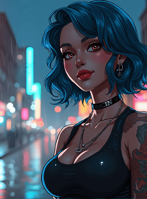 woman, street, neon, rain, tattoo, choker, earrings, building, sign, city