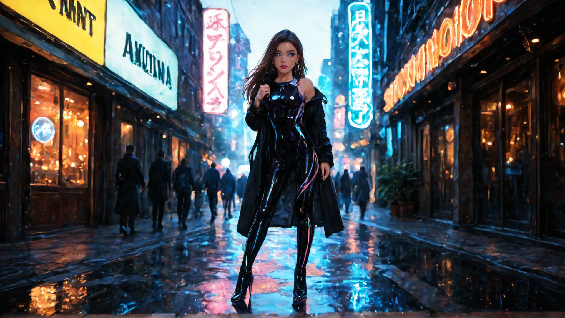 AI generated wallpaper featuring woman, neon, street