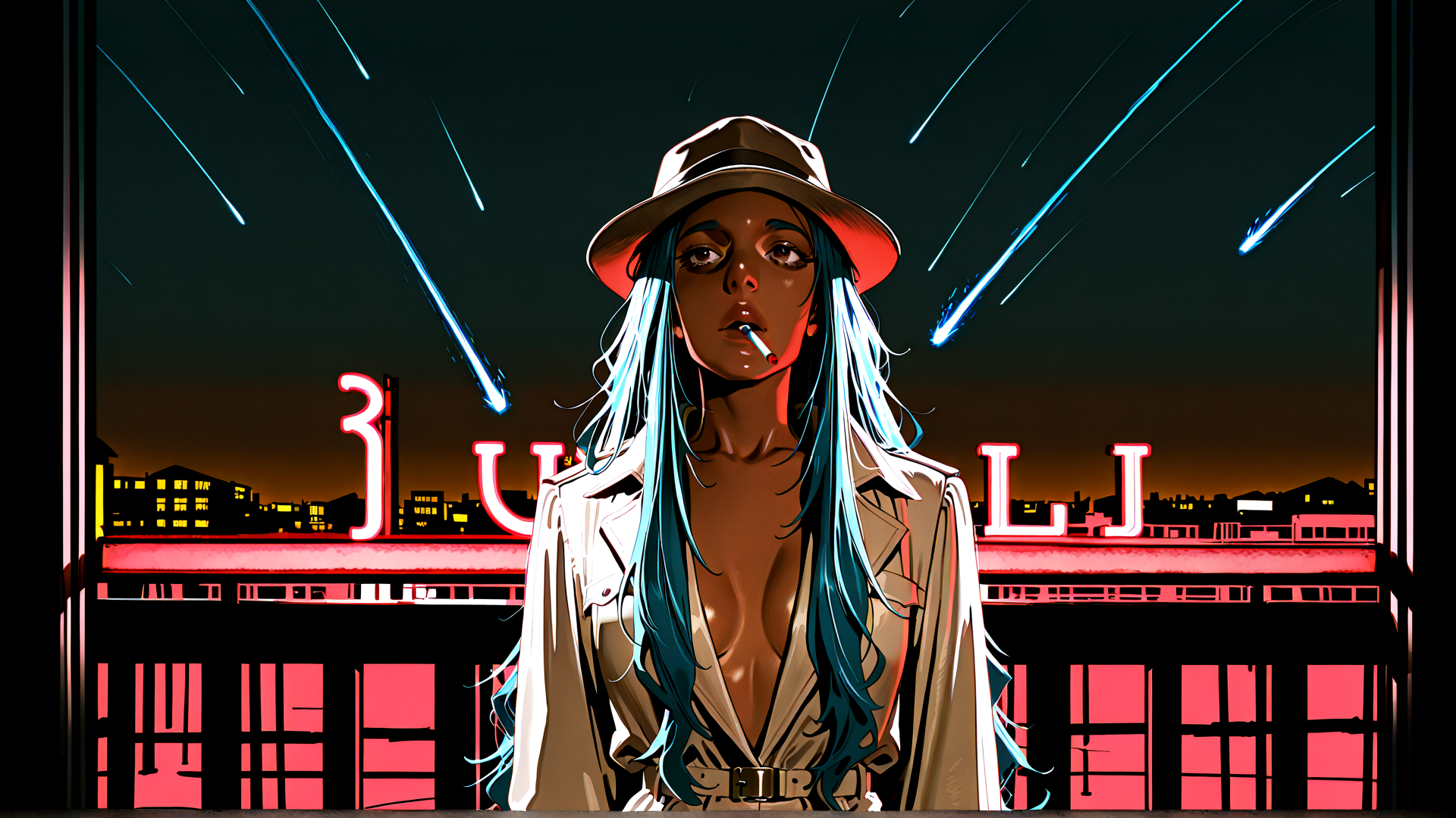 AI generated wallpaper featuring woman, hat, neon, cityscape, smoke
