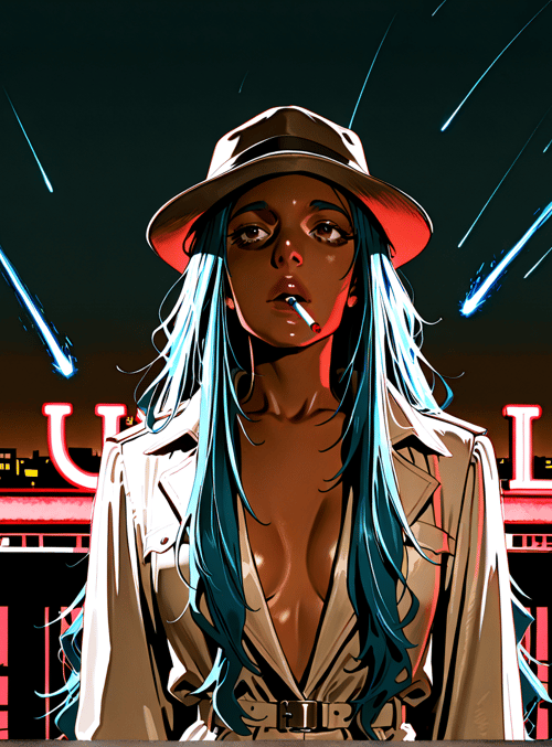 woman, hat, neon, cityscape, smoke