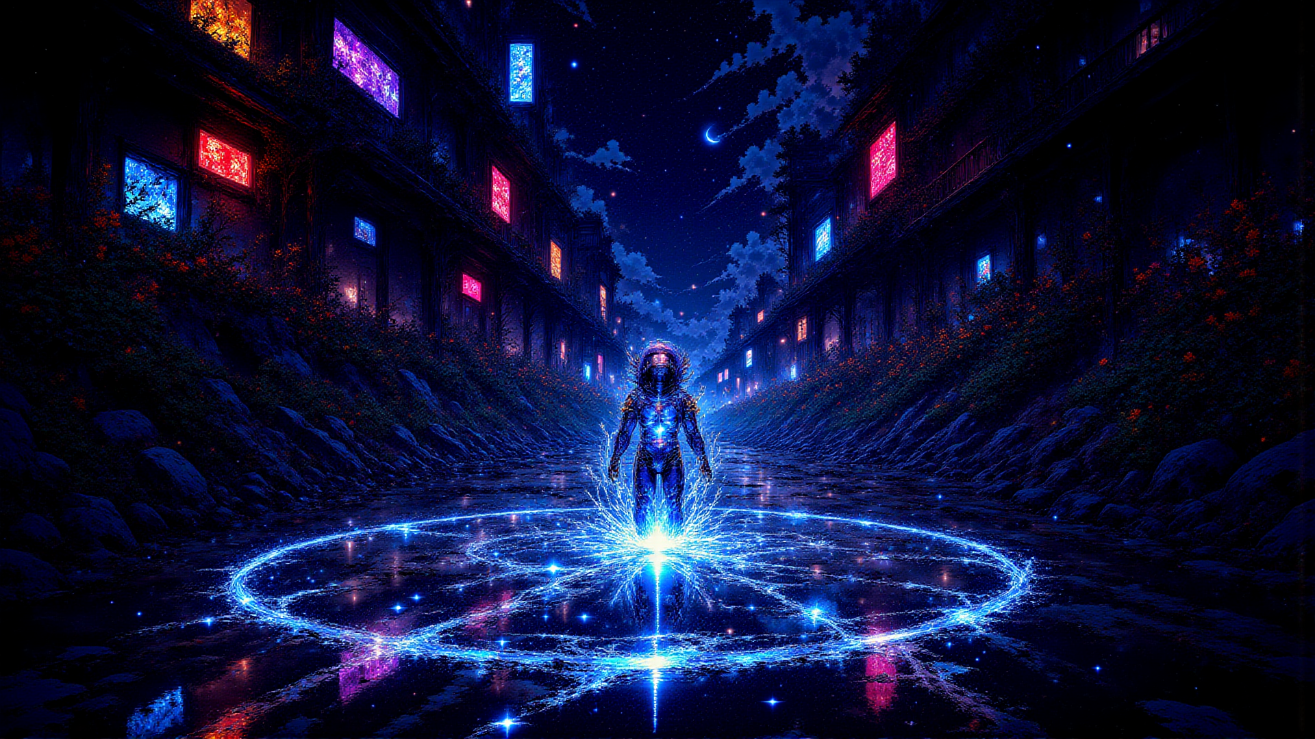 AI generated wallpaper featuring astronaut, street, circular light, neon signs, moon, buildings