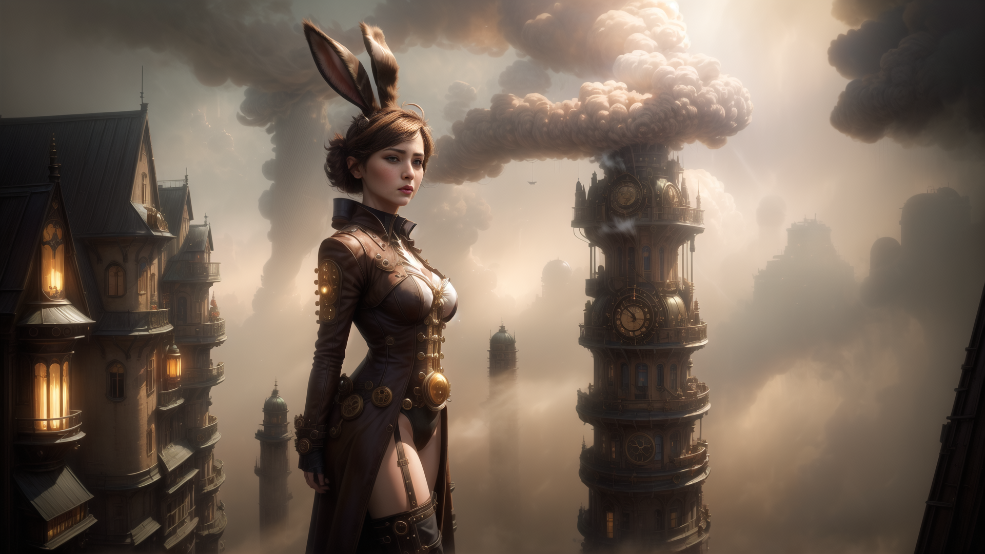 AI generated wallpaper featuring woman, rabbit ears, steampunk city