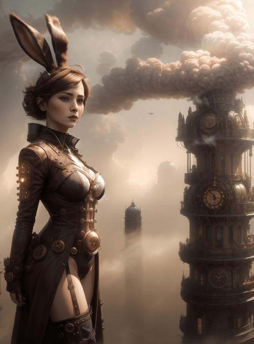 woman, rabbit ears, steampunk city