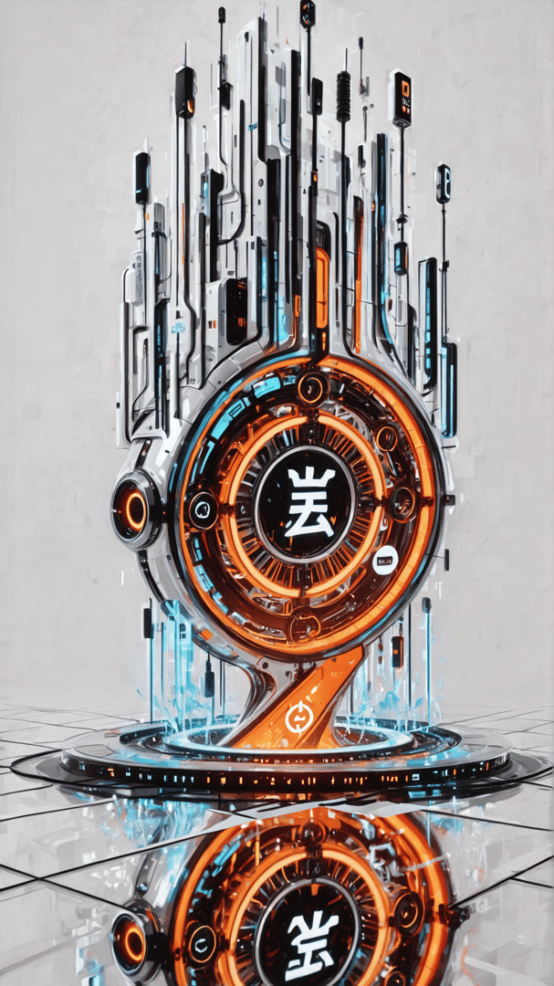AI generated wallpaper featuring machine, cyberpunk, structure, gadget, device, tech, clock, icon, panel, antenna