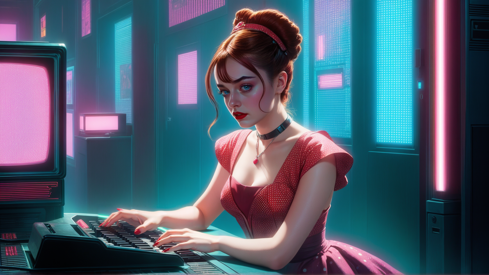AI generated wallpaper featuring woman, computer, screen