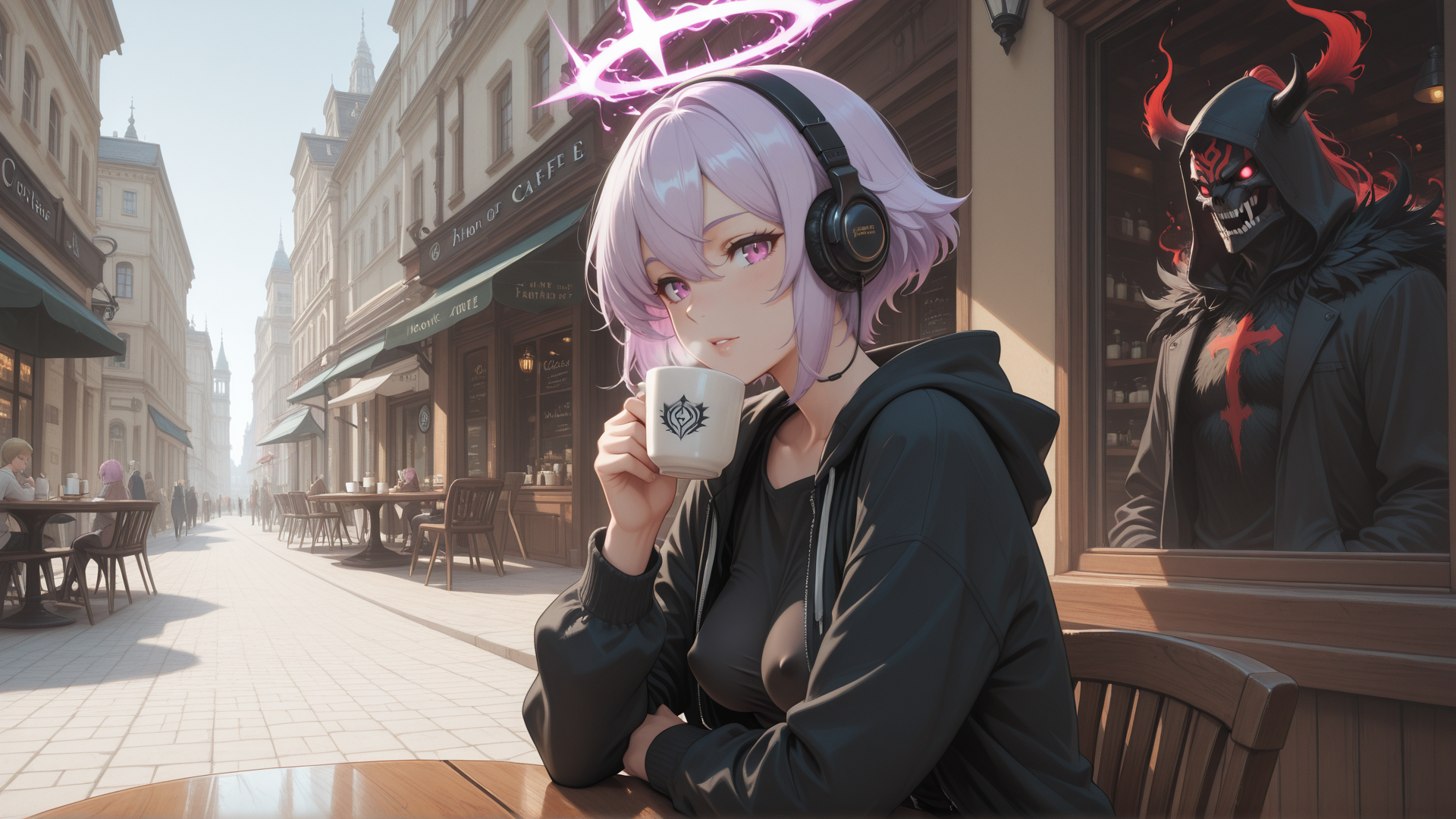 AI generated wallpaper featuring anime girl, coffee cup, headphones, street, cafe, devil, hoodie, building, umbrella, mug