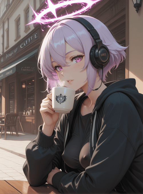 anime girl, coffee cup, headphones, street, cafe, devil, hoodie, building, umbrella, mug