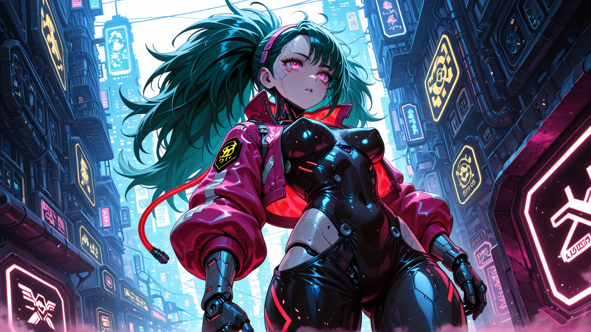 AI generated wallpaper featuring cyborg, anime girl, neon city, punk, futurist, robot, streetwear, twin ponytail, goggles, cityscape