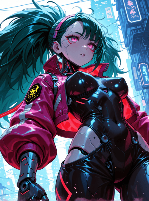 cyborg, anime girl, neon city, punk, futurist, robot, streetwear, twin ponytail, goggles, cityscape