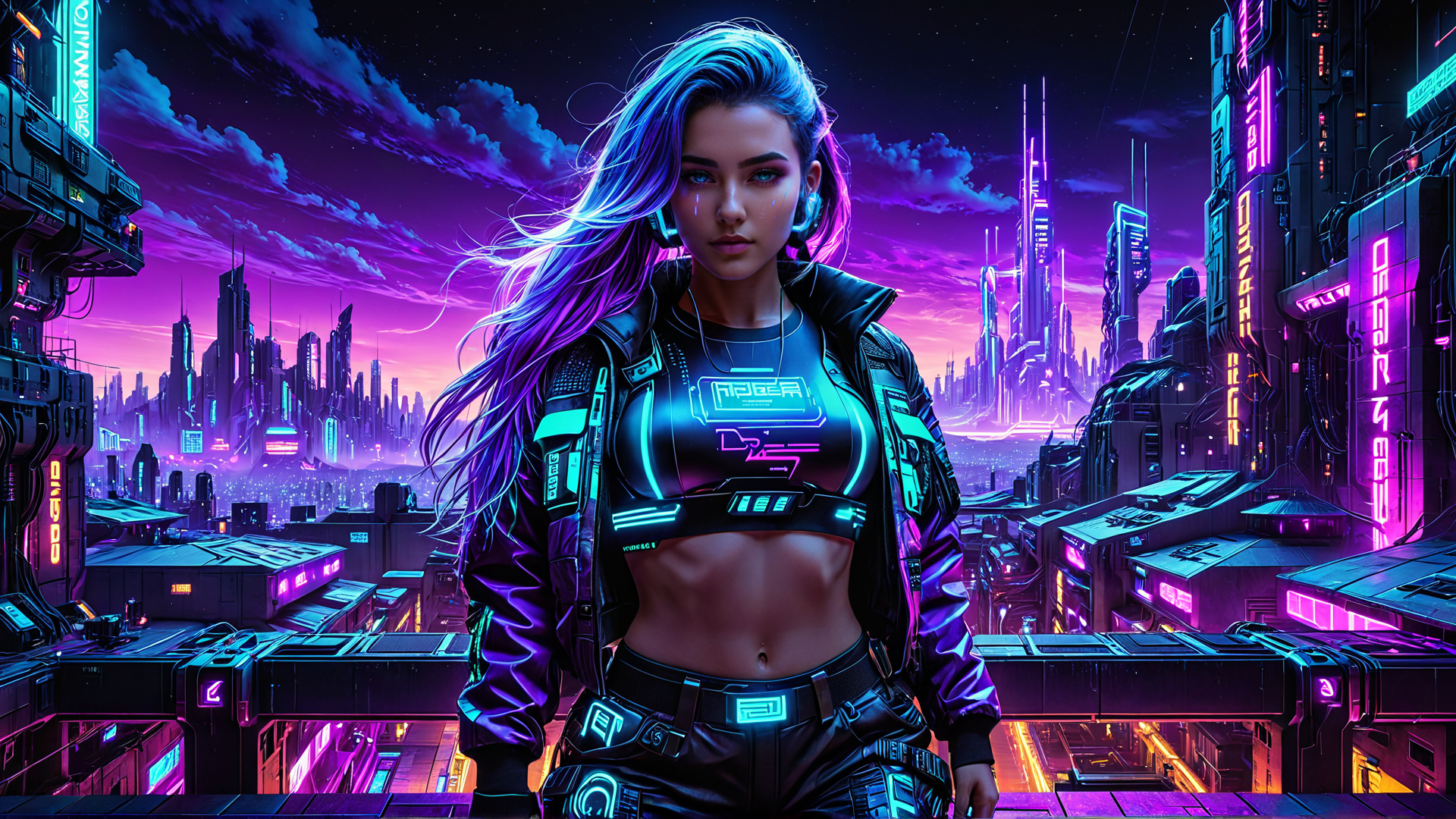 AI generated wallpaper featuring cyberpunk woman, neon city