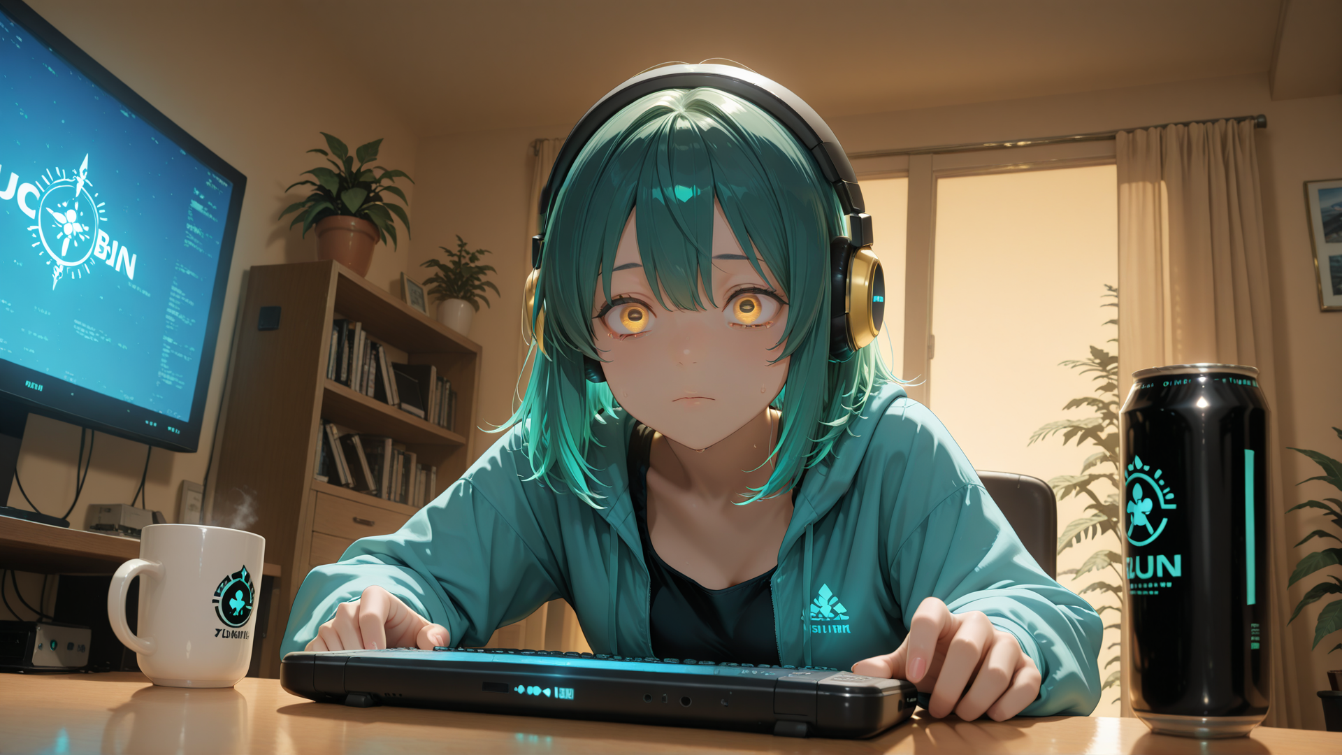 AI generated wallpaper featuring anime, girl, gamer, headphones, keyboard, monitor, mug, can, plants, bookshelf
