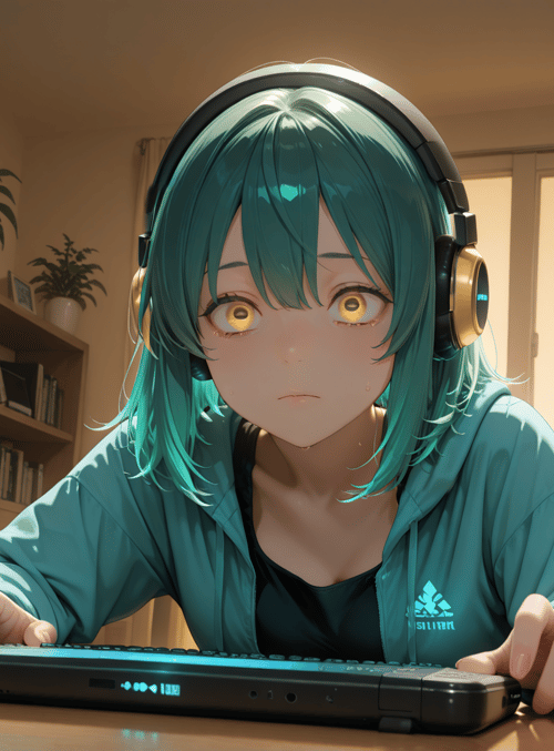anime, girl, gamer, headphones, keyboard, monitor, mug, can, plants, bookshelf
