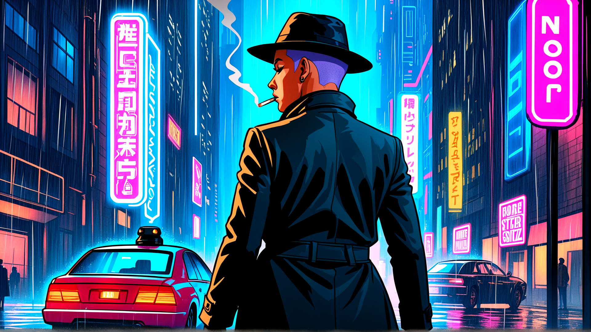 AI generated wallpaper featuring man, hats, car, neon, city, rain, signs, smoke, coat, taxi
