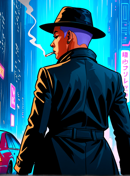 man, hats, car, neon, city, rain, signs, smoke, coat, taxi