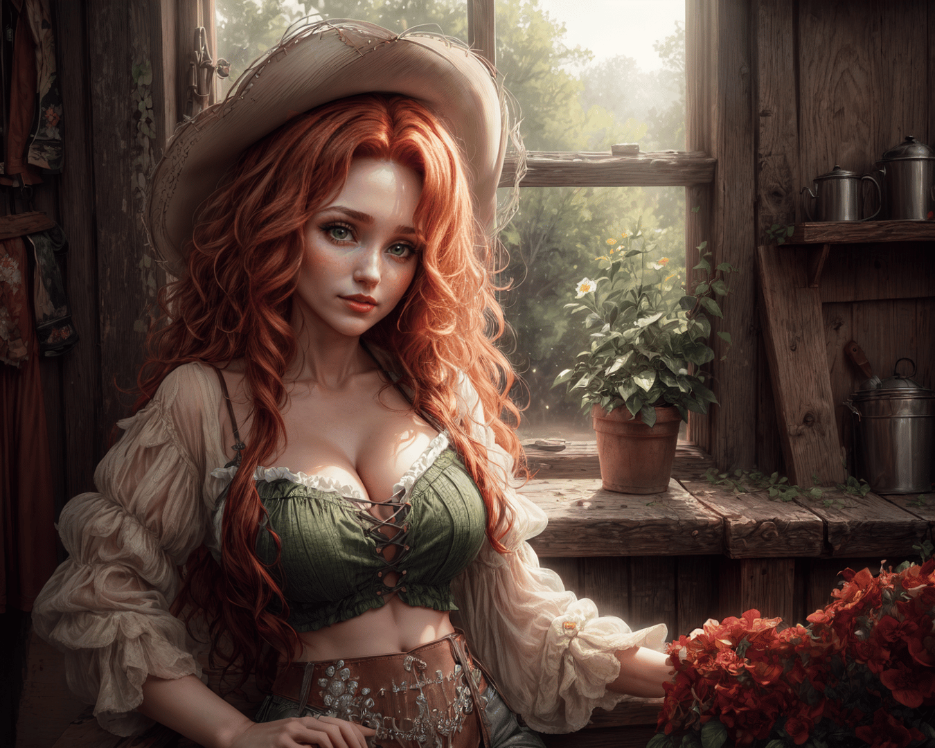 AI generated wallpaper featuring woman, cowgirl, flowers