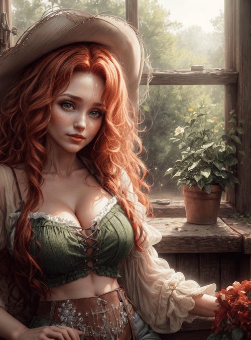 woman, cowgirl, flowers