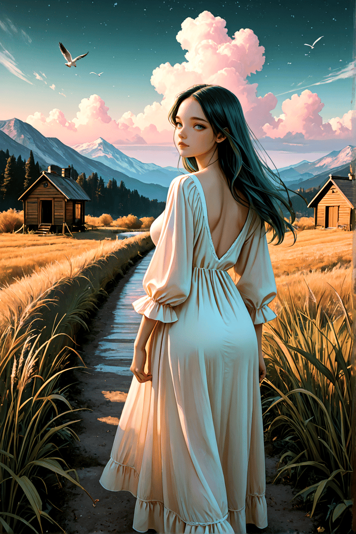 AI generated wallpaper featuring woman, dress, countryside, road, clouds, mountains, huts, grass, birds, sky