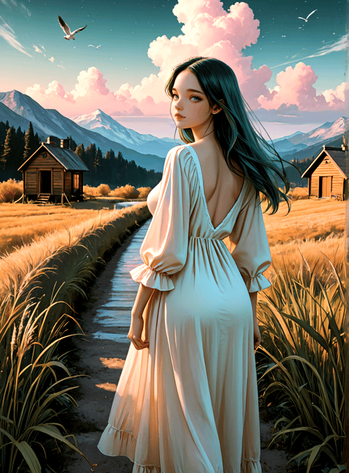 woman, dress, countryside, road, clouds, mountains, huts, grass, birds, sky