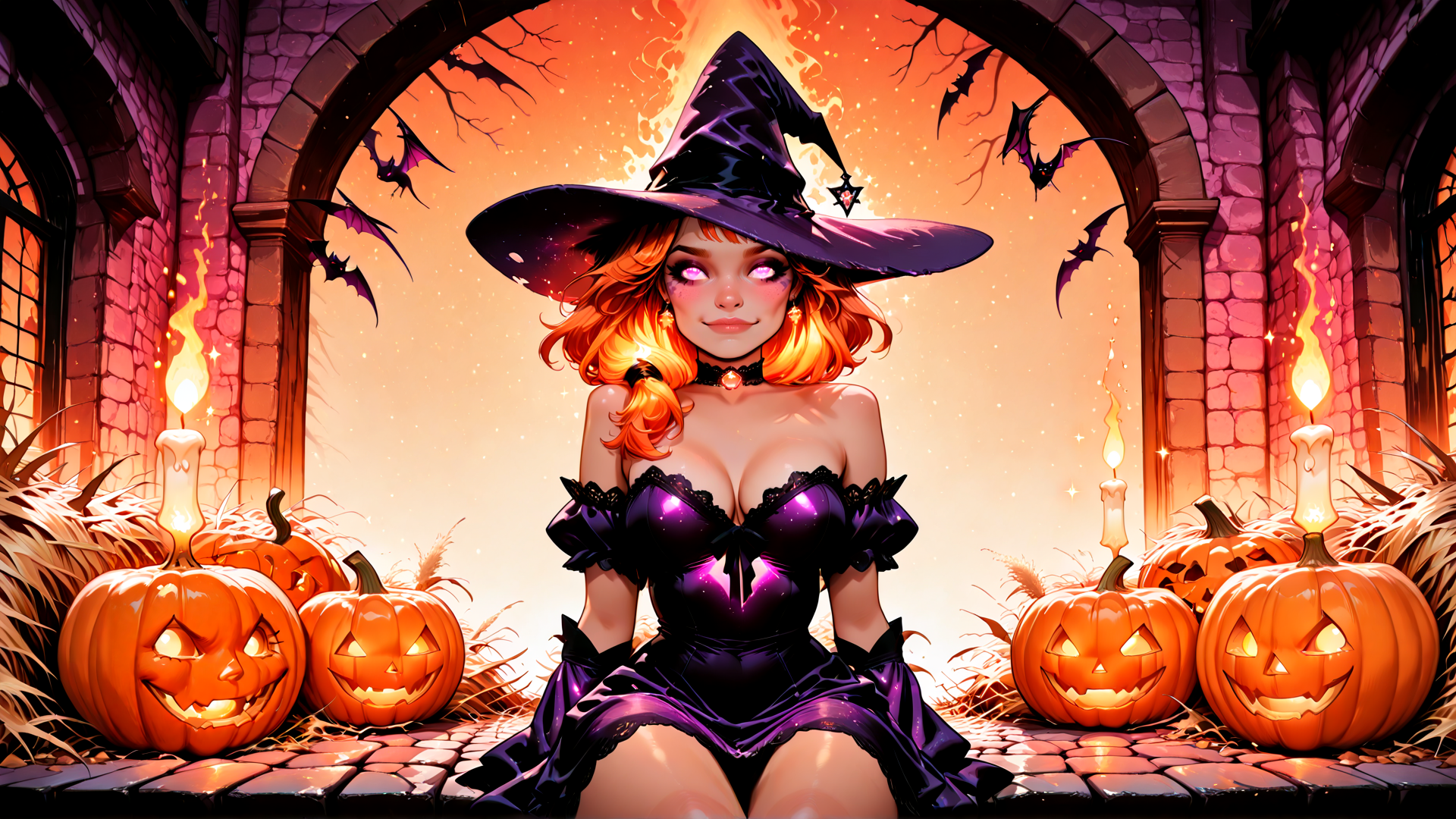 AI generated wallpaper featuring witch, pumpkin, candle, bat, castle, girl