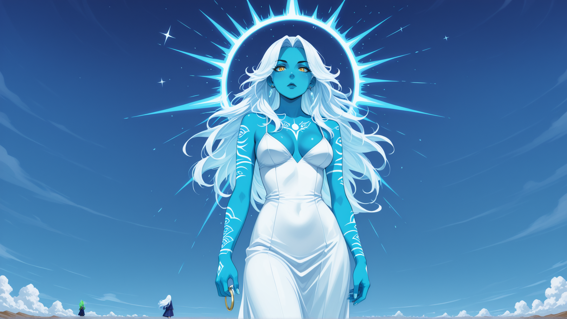 AI generated wallpaper featuring woman, goddess, solar, tattoo, dress, ring, sky