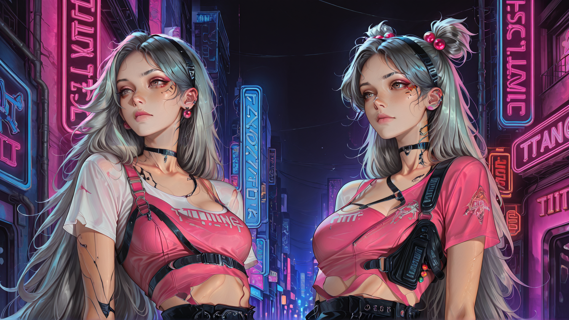 AI generated wallpaper featuring girls, neon, cityscape, fashion, cyberpunk