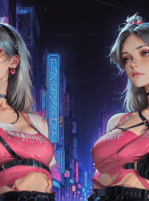 girls, neon, cityscape, fashion, cyberpunk
