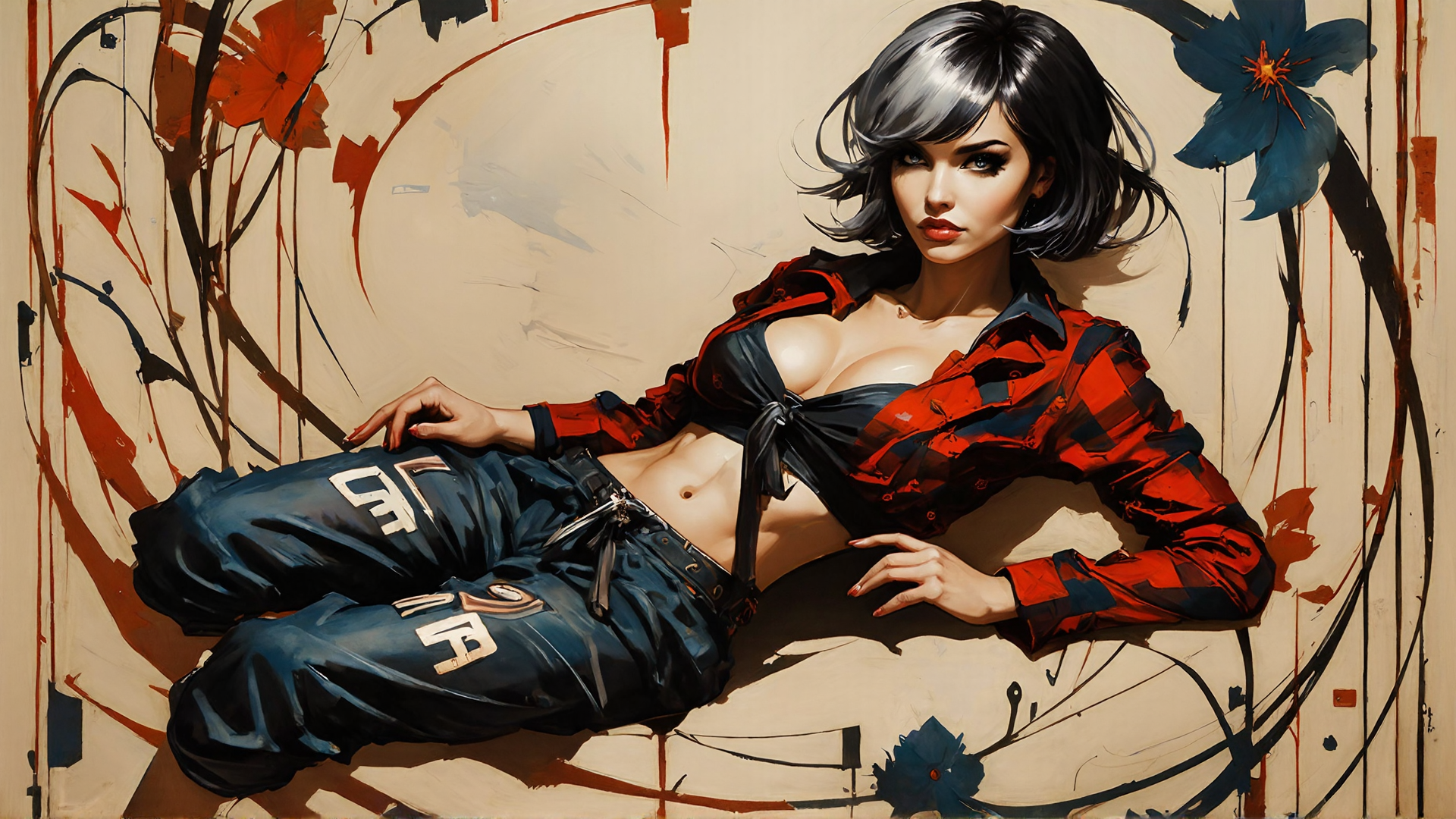 AI generated wallpaper featuring woman, jeans, shirt, flowers, painting
